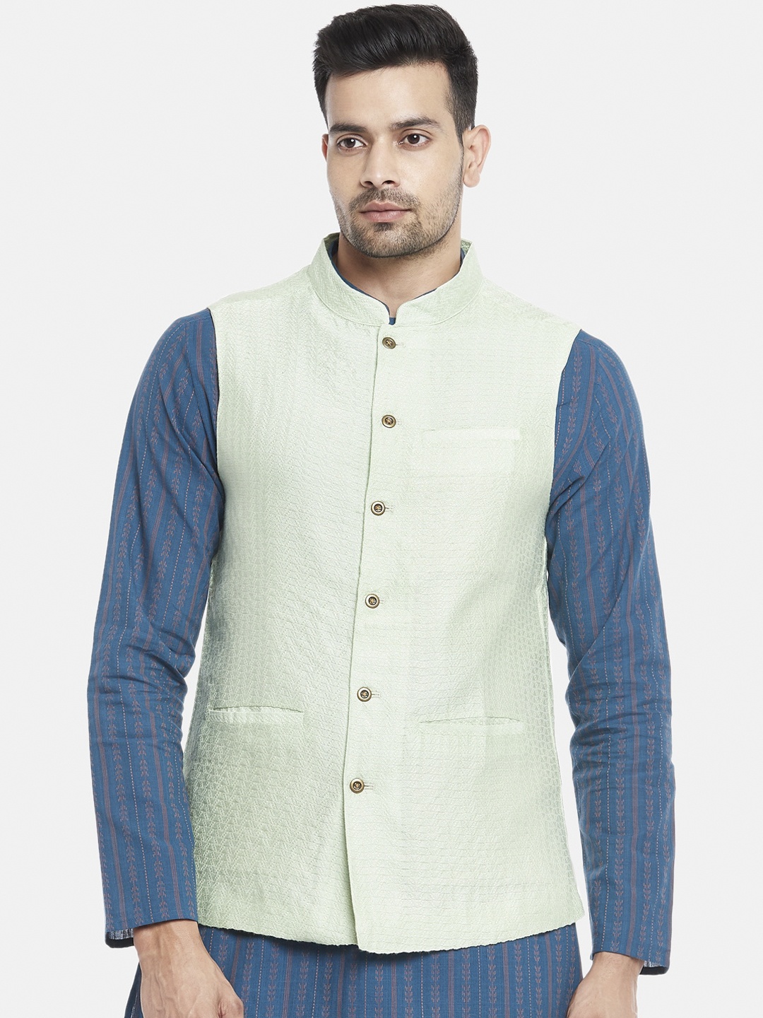 

indus route by Pantaloons Men Green Woven Design Nehru Jacket