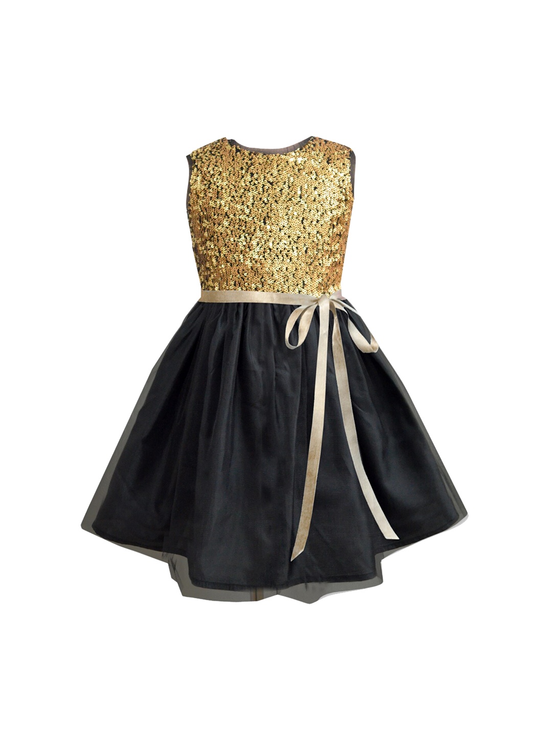 

A T U N Girls Gold-Toned & Black Embellished Net Dress