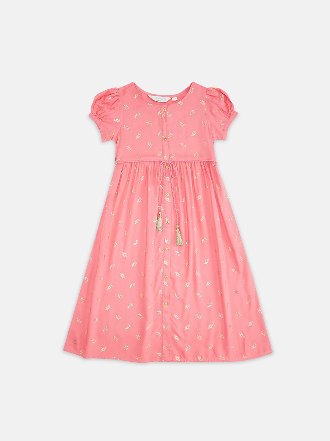 

AKKRITI BY PANTALOONS Girls Pink & Yellow Floral Round Neck Fit & Flare Dress