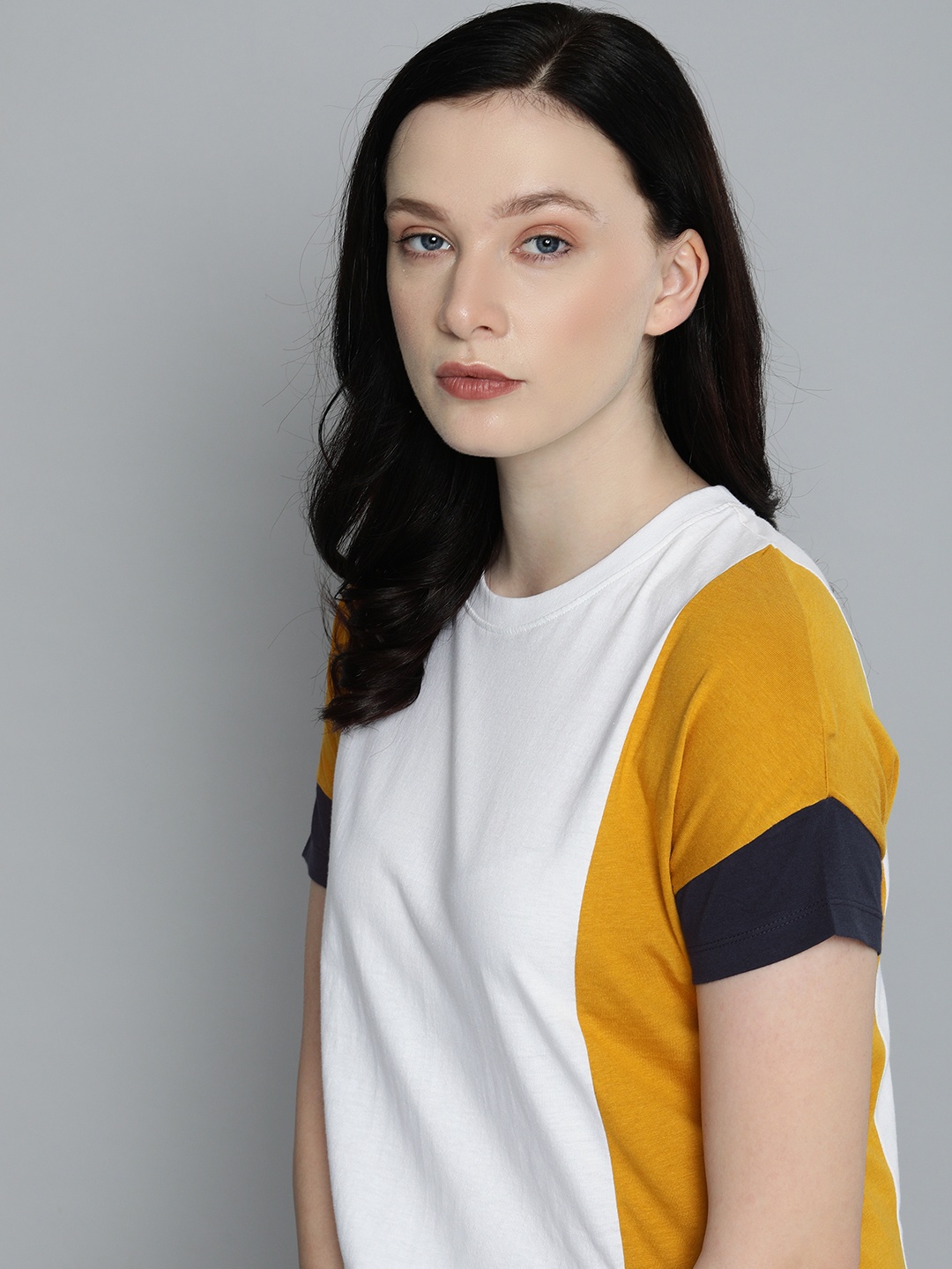 

Harvard Women White & Mustard Yellow Colourblocked Extended Sleeves T-shirt