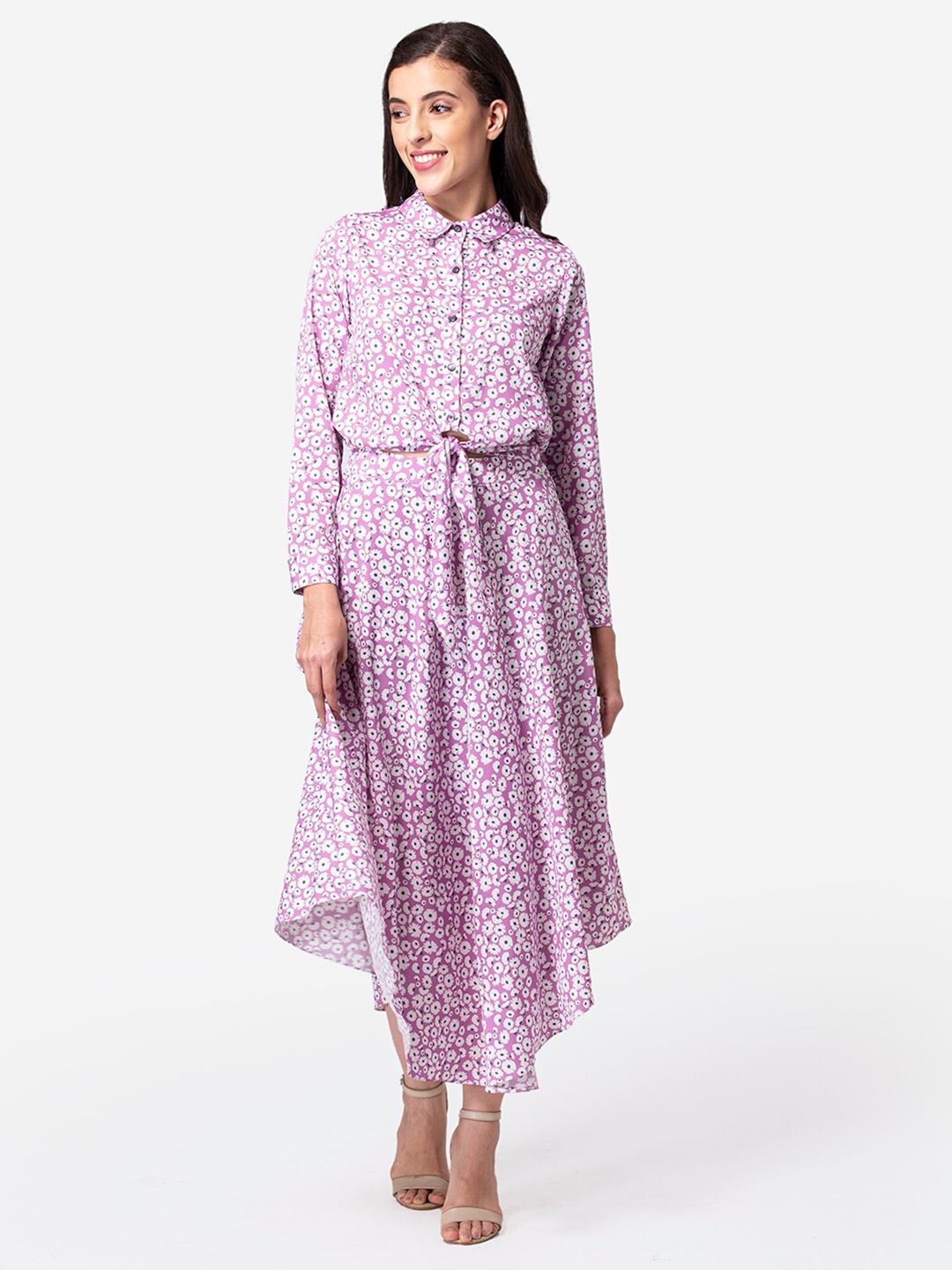

DEEBACO Women Purple & White Printed Shirt with Skirt