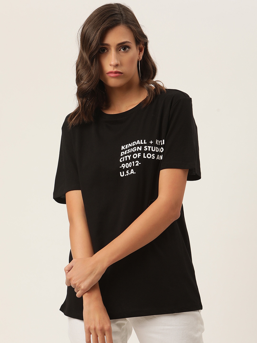 

KENDALL & KYLIE Women Black & White Typography Pure Cotton T-shirt