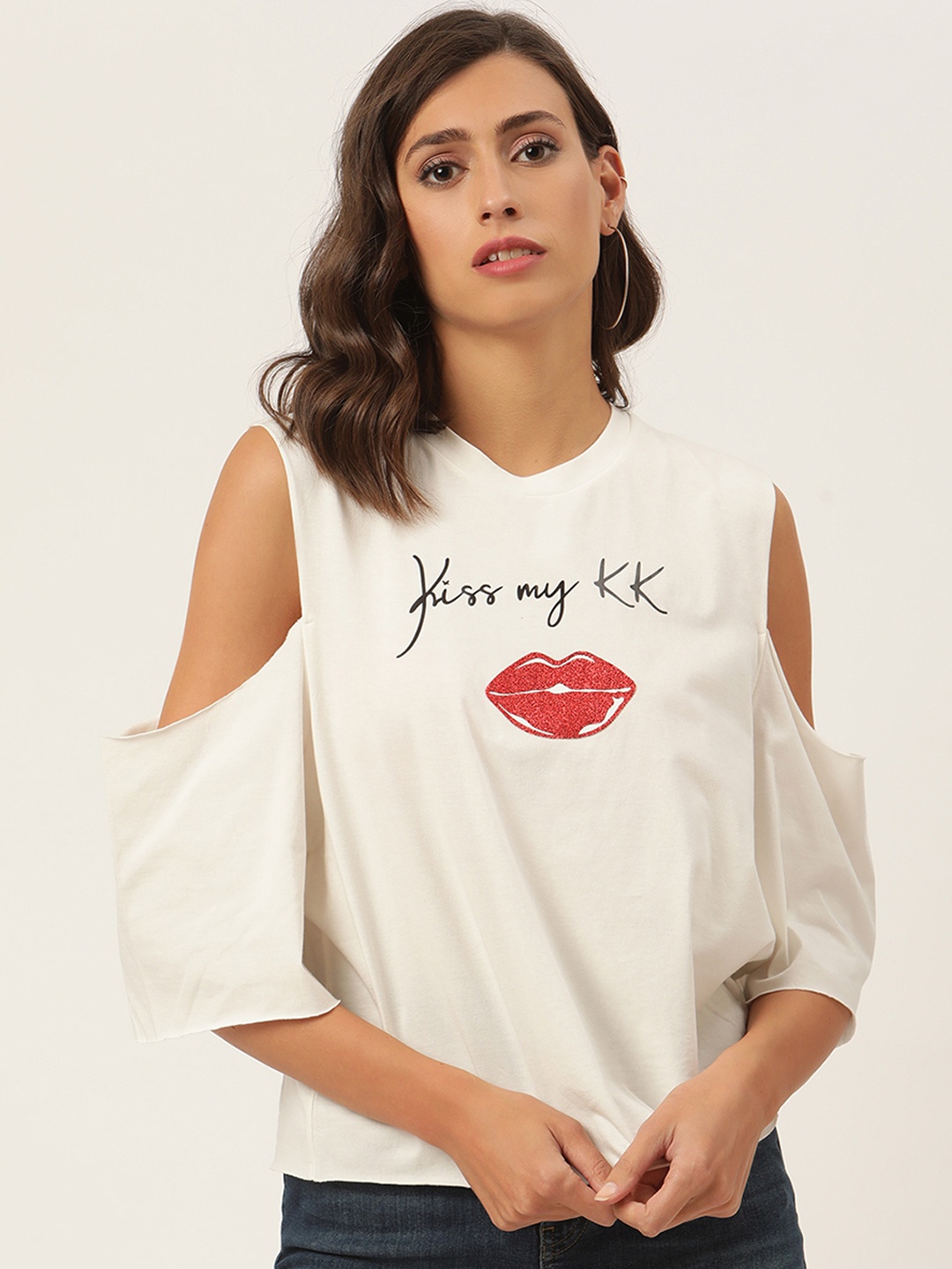 

KENDALL & KYLIE Women White Pure Cotton Printed T-shirt