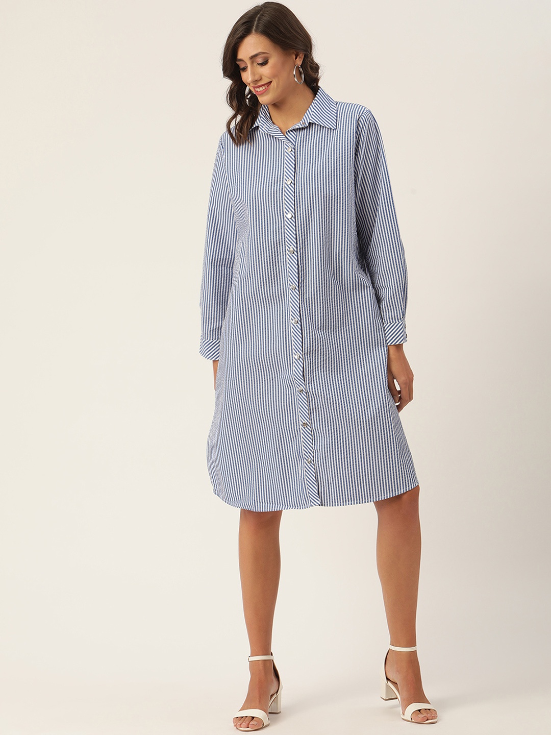 

KENDALL & KYLIE Navy Blue & White Striped Shirt Dress
