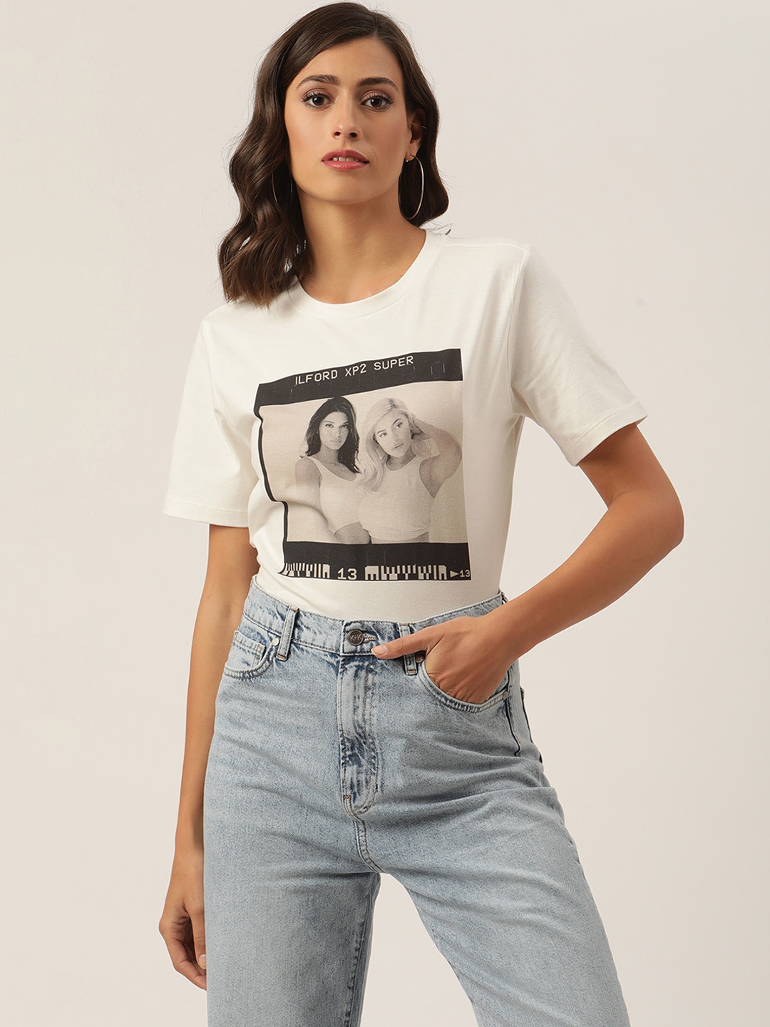 

KENDALL & KYLIE Women White & Black Printed T-shirt