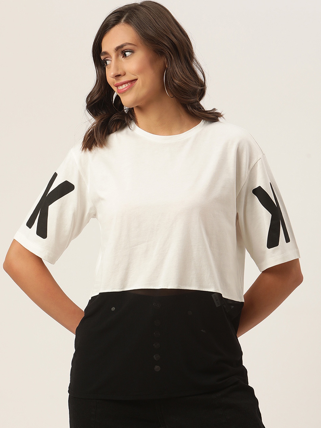 

KENDALL & KYLIE Women White Colourblocked Drop-Shoulder Sleeves Pure Cotton T-shirt