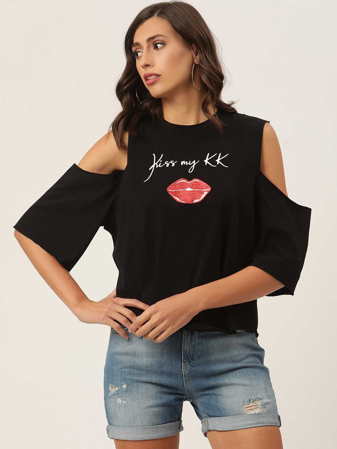

KENDALL & KYLIE Women Black Pure Cotton Printed T-shirt