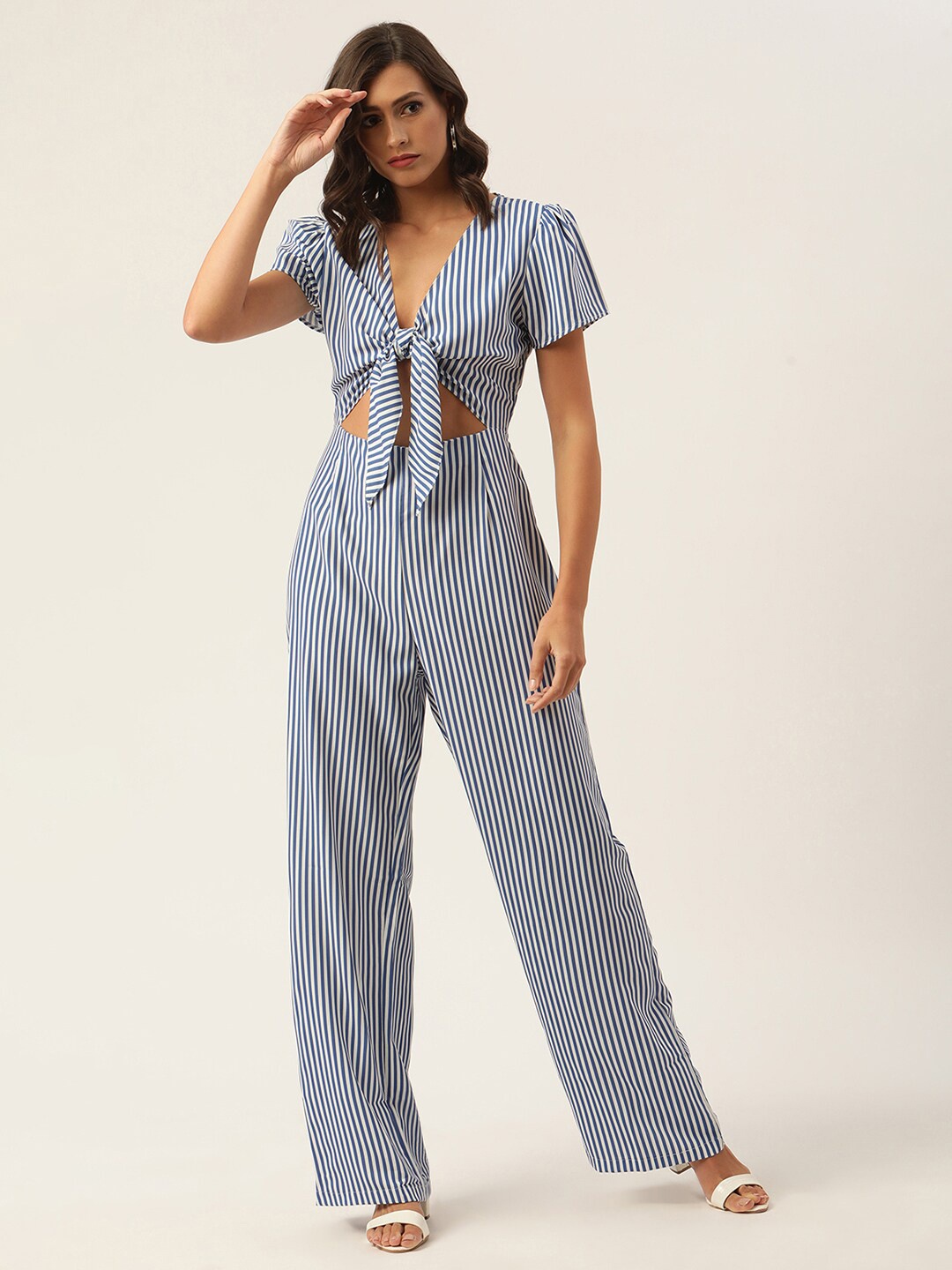 

KENDALL & KYLIE Navy Blue & White Striped Cotton Basic Jumpsuit