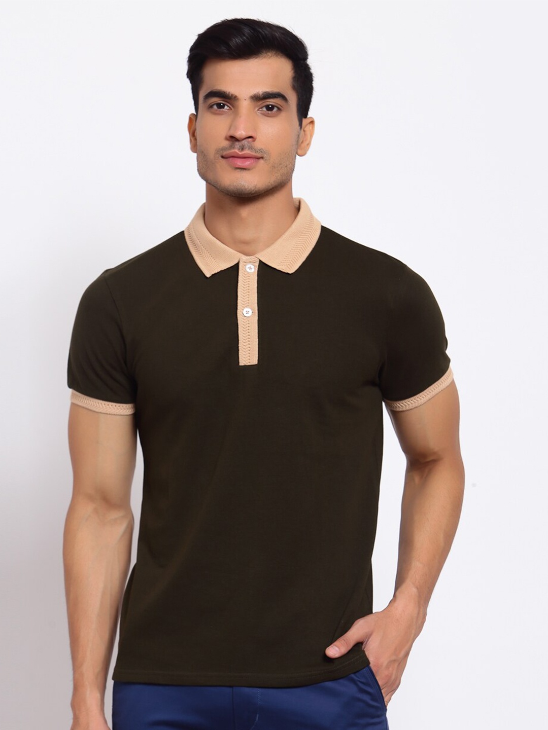 

Style Quotient Men Olive Green & Beige Polo Collar T-shirt