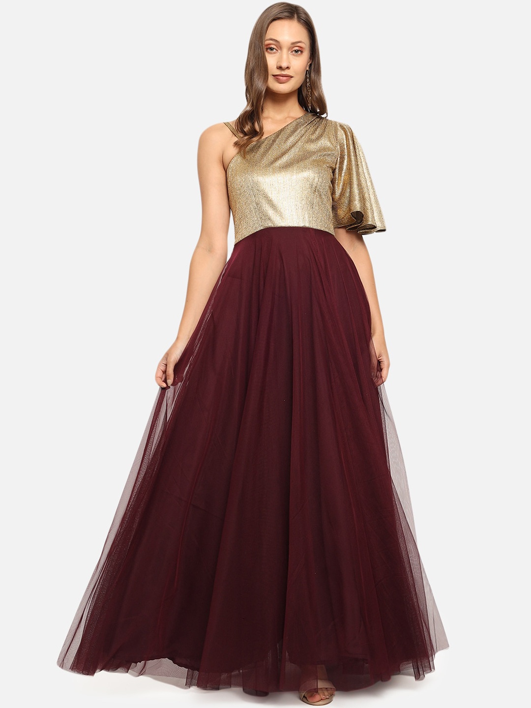

Just Wow Maroon Embellished Net Maxi Dress