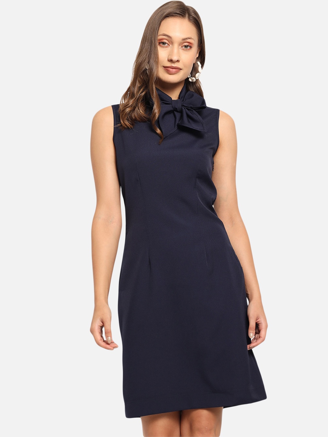 

Just Wow Navy Blue Tie-Up Neck A-Line Dress