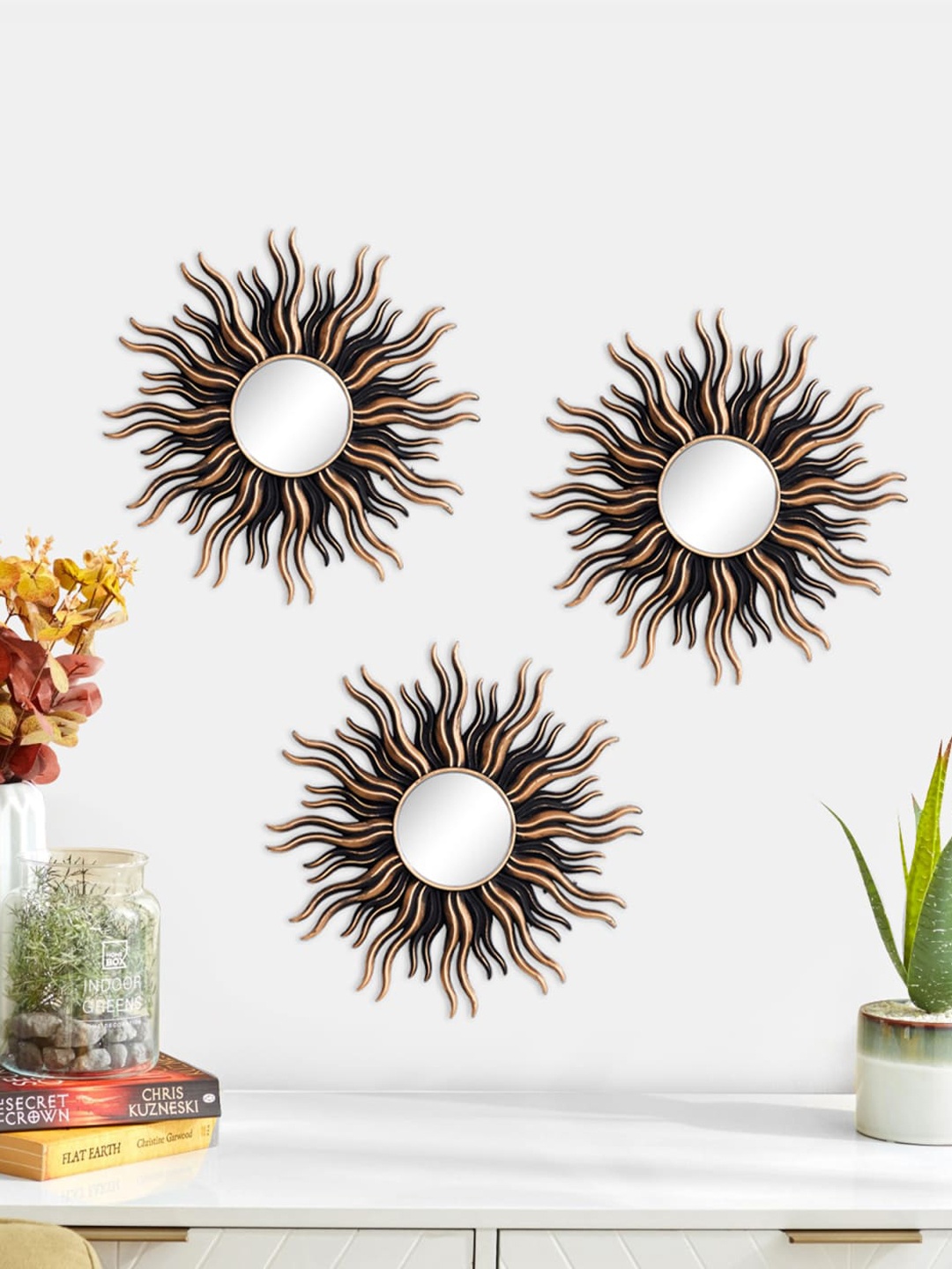 

Home Centre Set Of 3 Gold-Toned & Black Corsica Sun Shaped Mirrors
