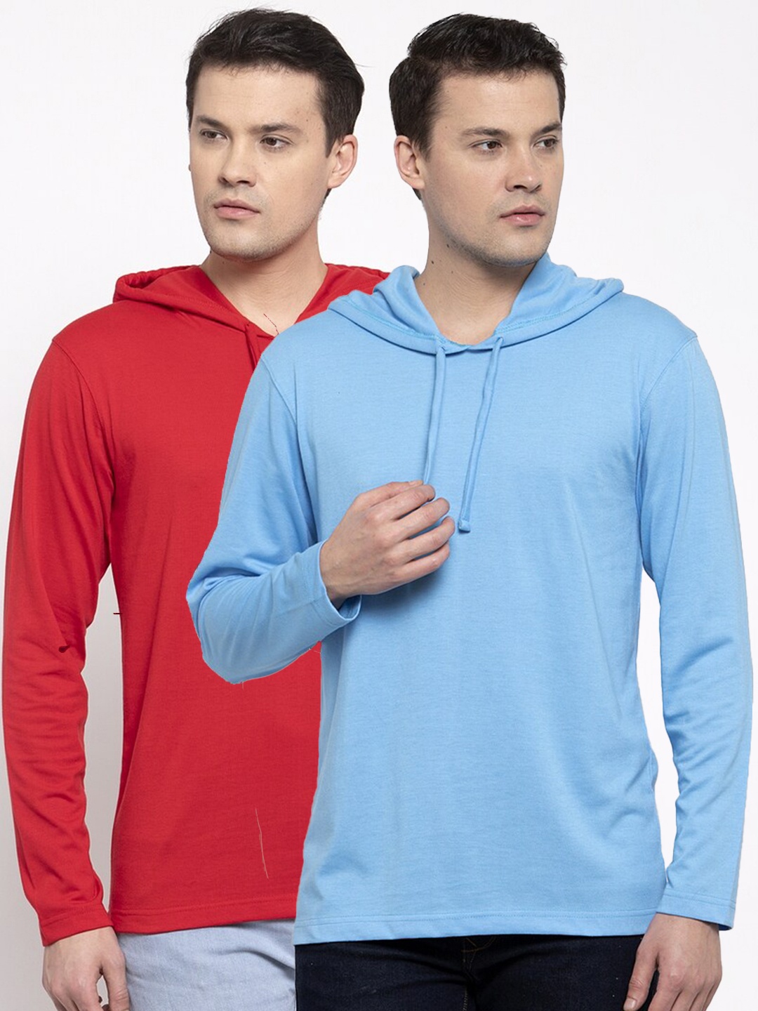 

Friskers Men Pack Of 2 Red & Turquoise Blue Hooded T-shirt