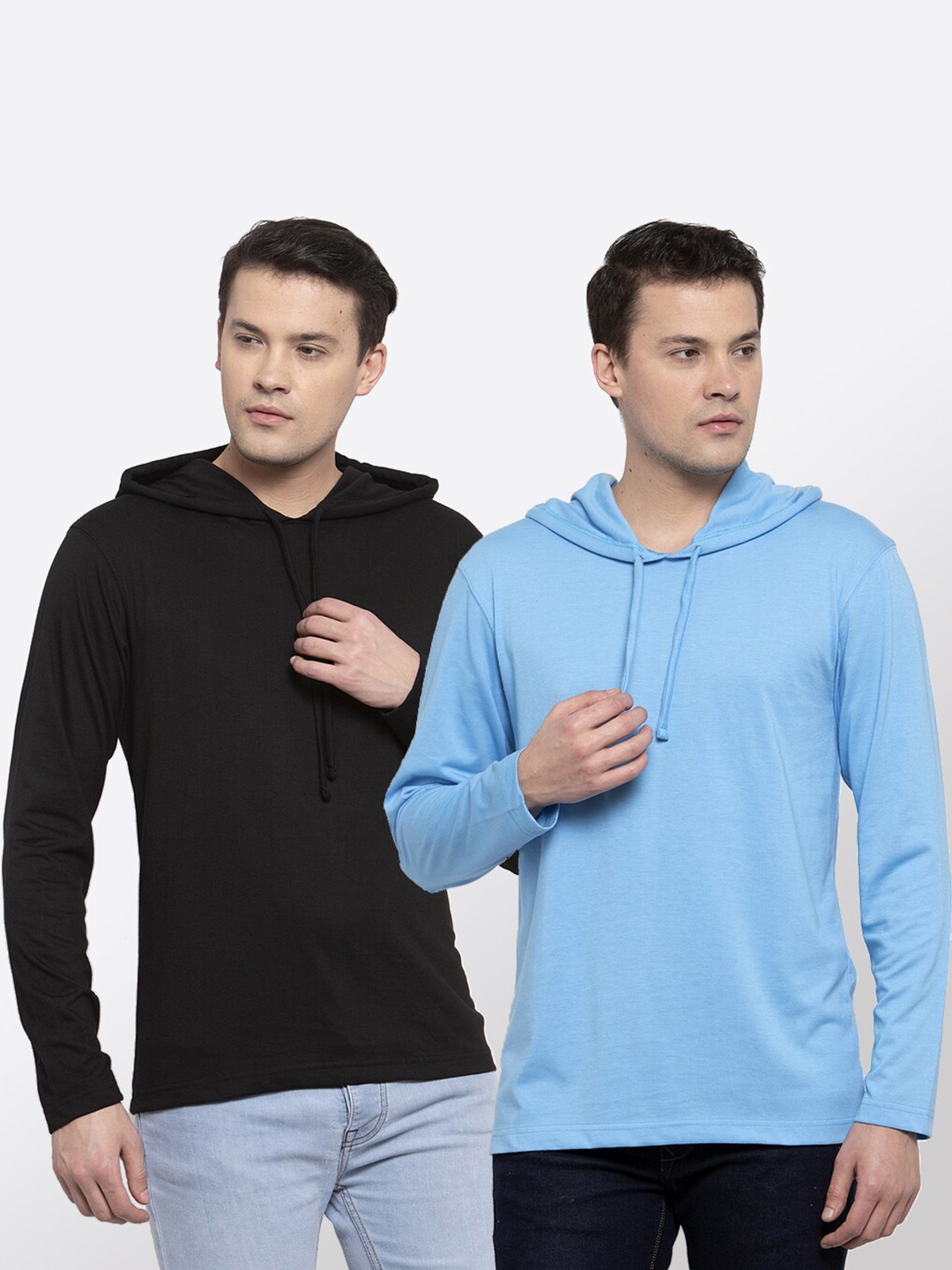 

Friskers Men Pack Of 2 Black & Blue Pure Cotton Hooded T-shirt