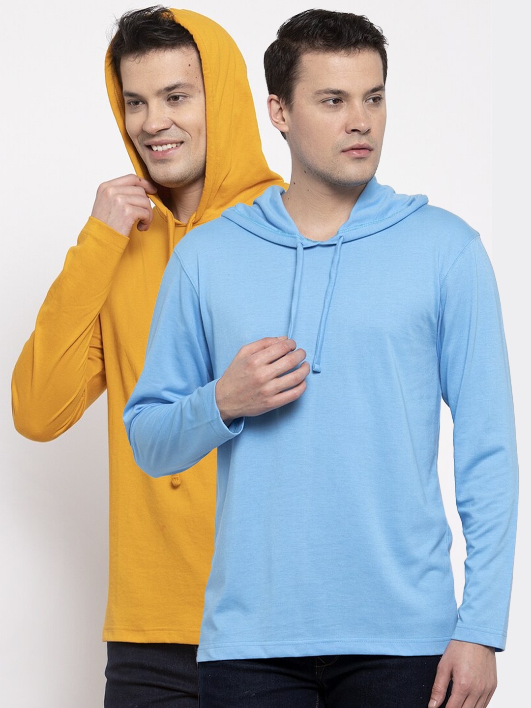 

Friskers Men Pack Of 2 Turquoise Blue & Yellow Hooded T-shirt