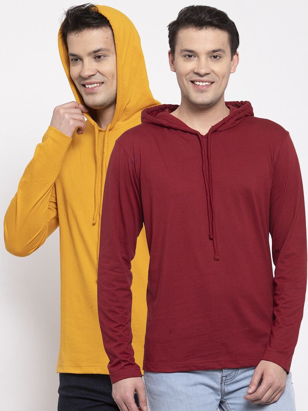 

Friskers Men Pack Of 2 Maroon & Yellow Pure Cotton Hooded T-shirt