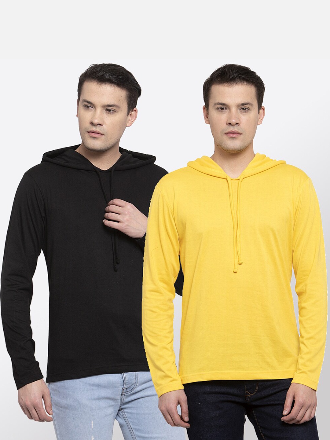 

Friskers Men Black & Yellow 2 Hooded Pure Cotton T-shirts