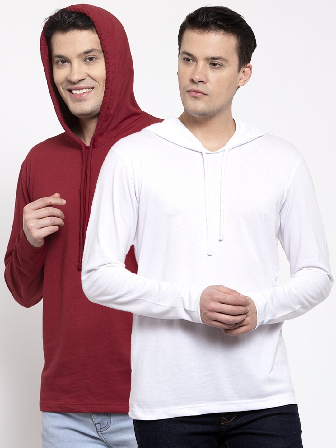 

Friskers Men Pack Of 2 White & Maroon Pure Cotton Hooded T-shirt