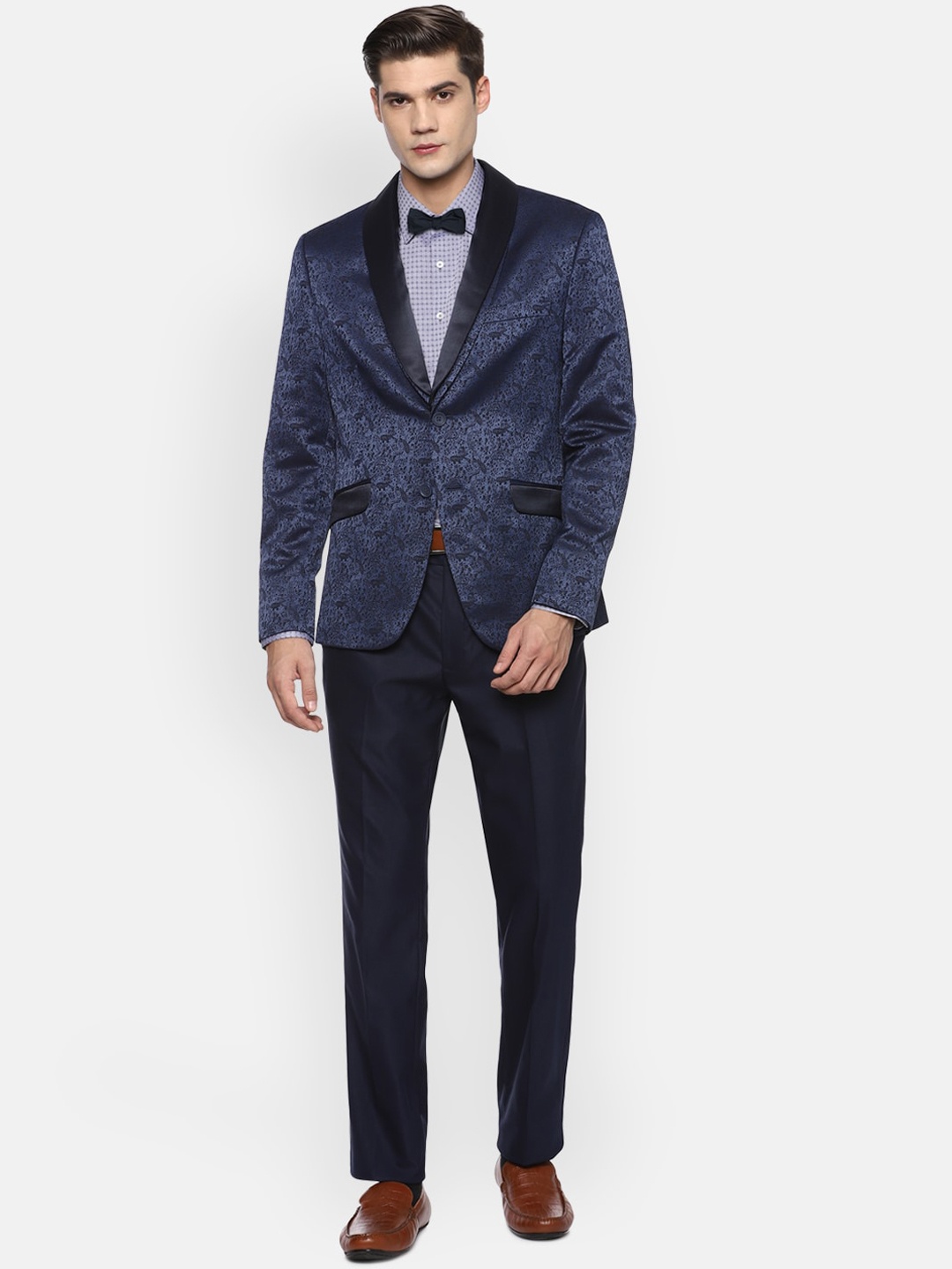 

V Dot Men Navy Blue Printed Slim-Fit Single-Breasted Party Suit