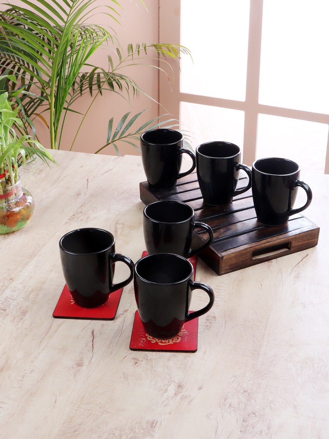 

CDI Set Of 6 Black Solid Ceramic Glossy Mugs