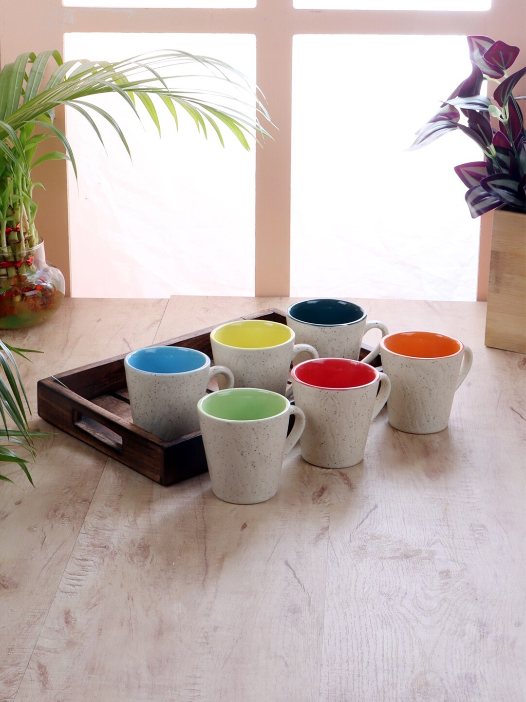 

CDI Set Of 6 Multicoloured Solid Ceramic Glossy Cups With Wooden Tray, Multi