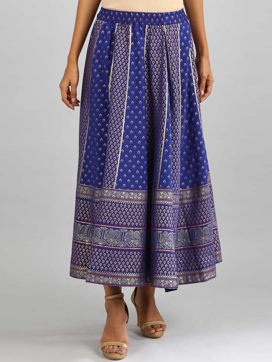 

AURELIA Women Blue & Off-White Printed Flared Maxi Skirt