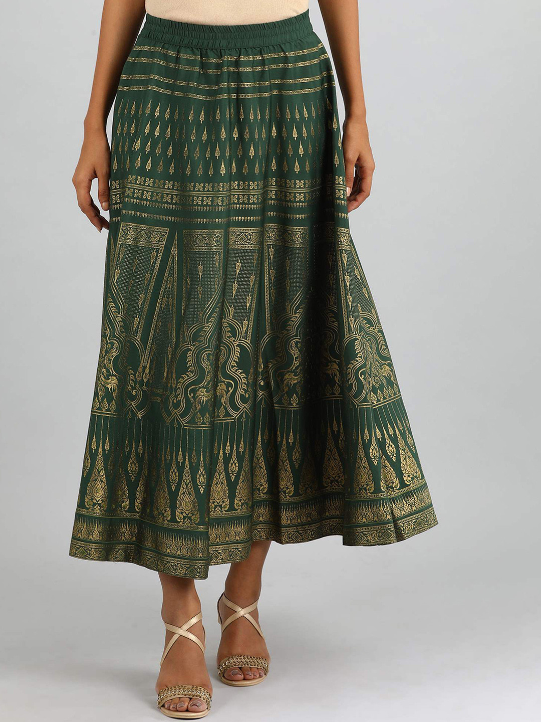 

AURELIA Women Green & Gold Ethnic Printed Midi Skirt