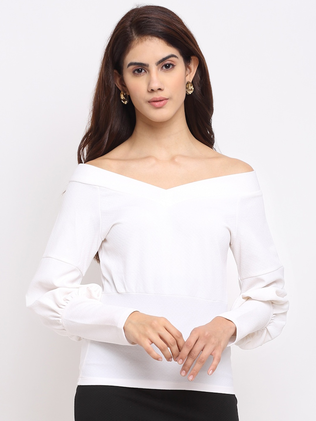 

Sugathari White Off-Shoulder Sheen Bardot Top
