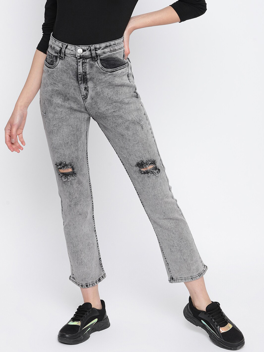 

TALES & STORIES Women Grey Mildly Distressed Heavy Fade Stretchable Jeans