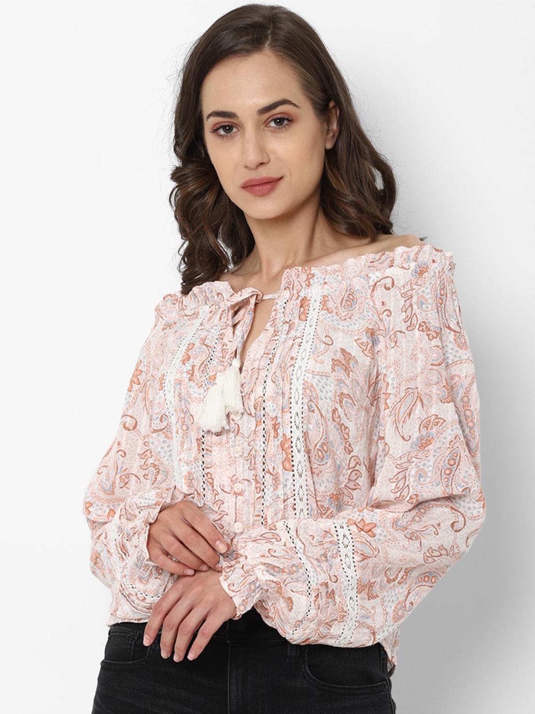 

AMERICAN EAGLE OUTFITTERS Brown Floral Off-Shoulder Blouson Top