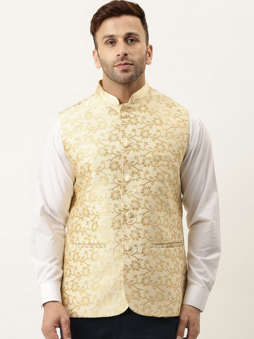

Hangup Men Beige Woven Design Jacquard Nehru Jacket