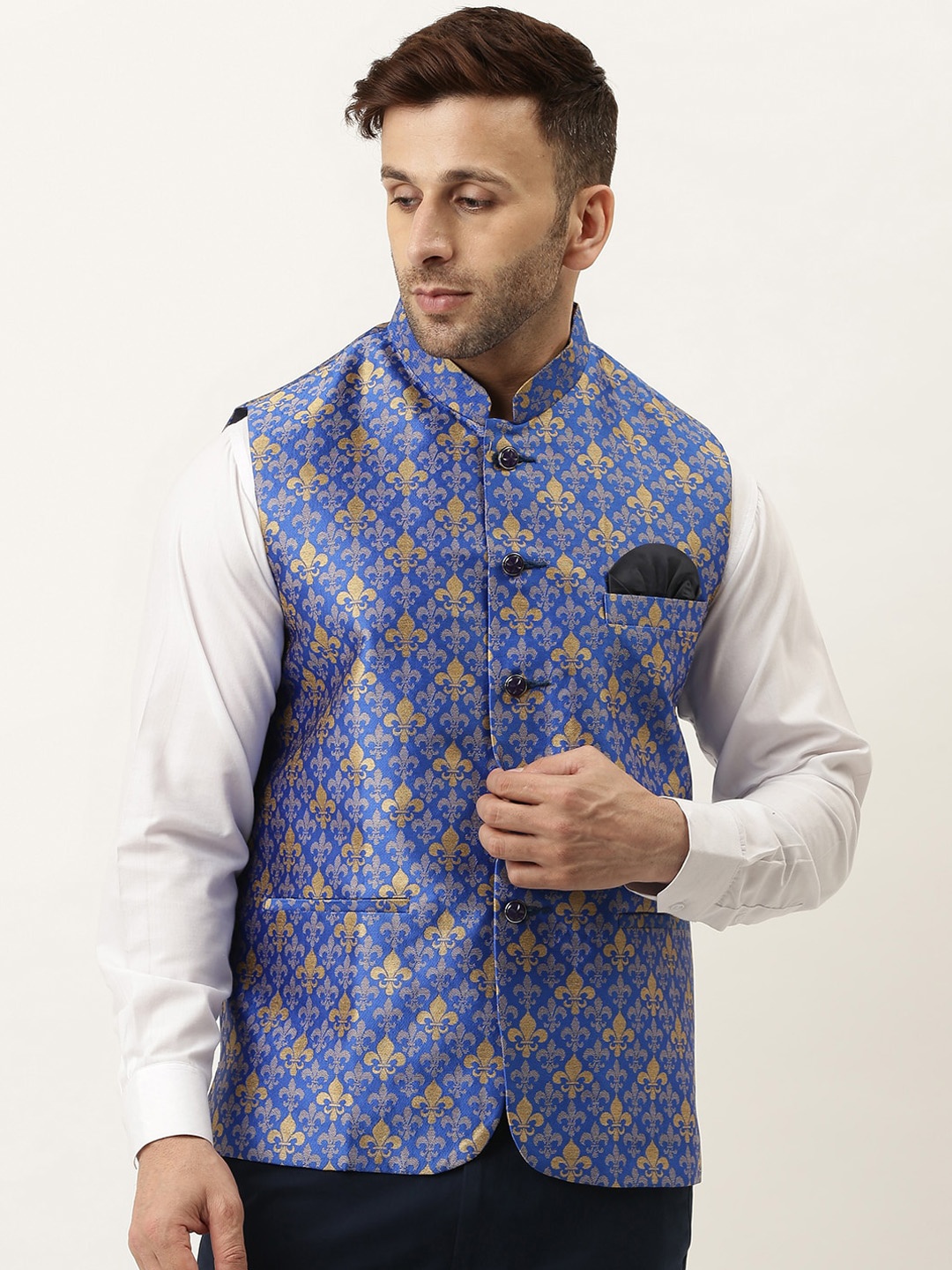 

Hangup Men Blue & Gold-Coloured Embroidered Jacquard Nehru Jacket