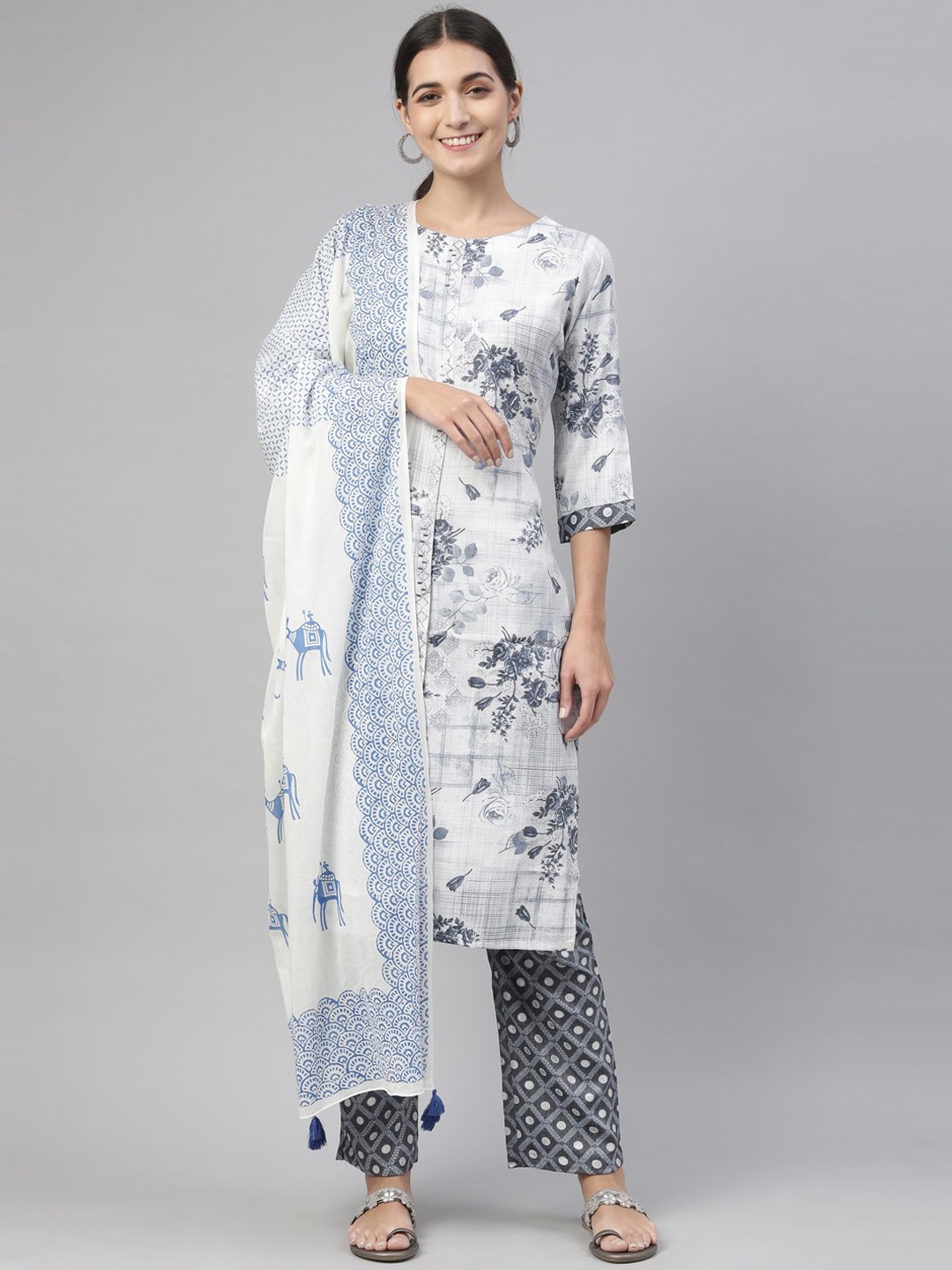 

Neerus Women White Floral Printed Regular Kurta with Trousers & Dupatta