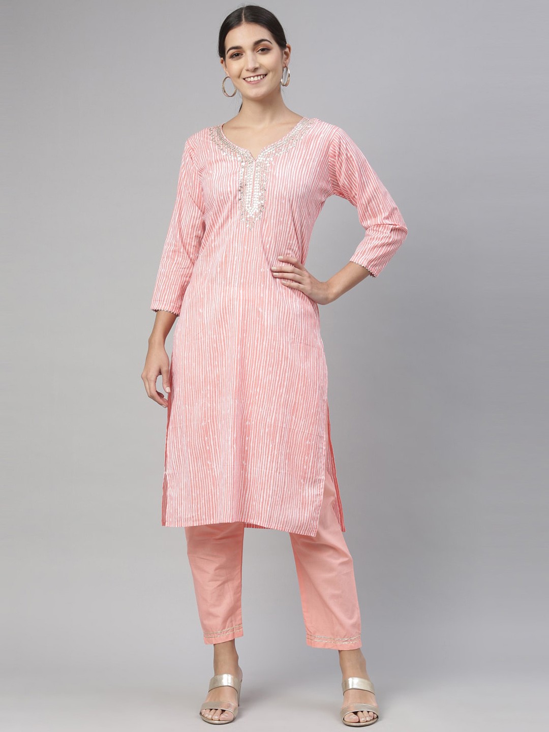 

Neerus Women Pink Striped Regular Pure Cotton Kurta with Trousers