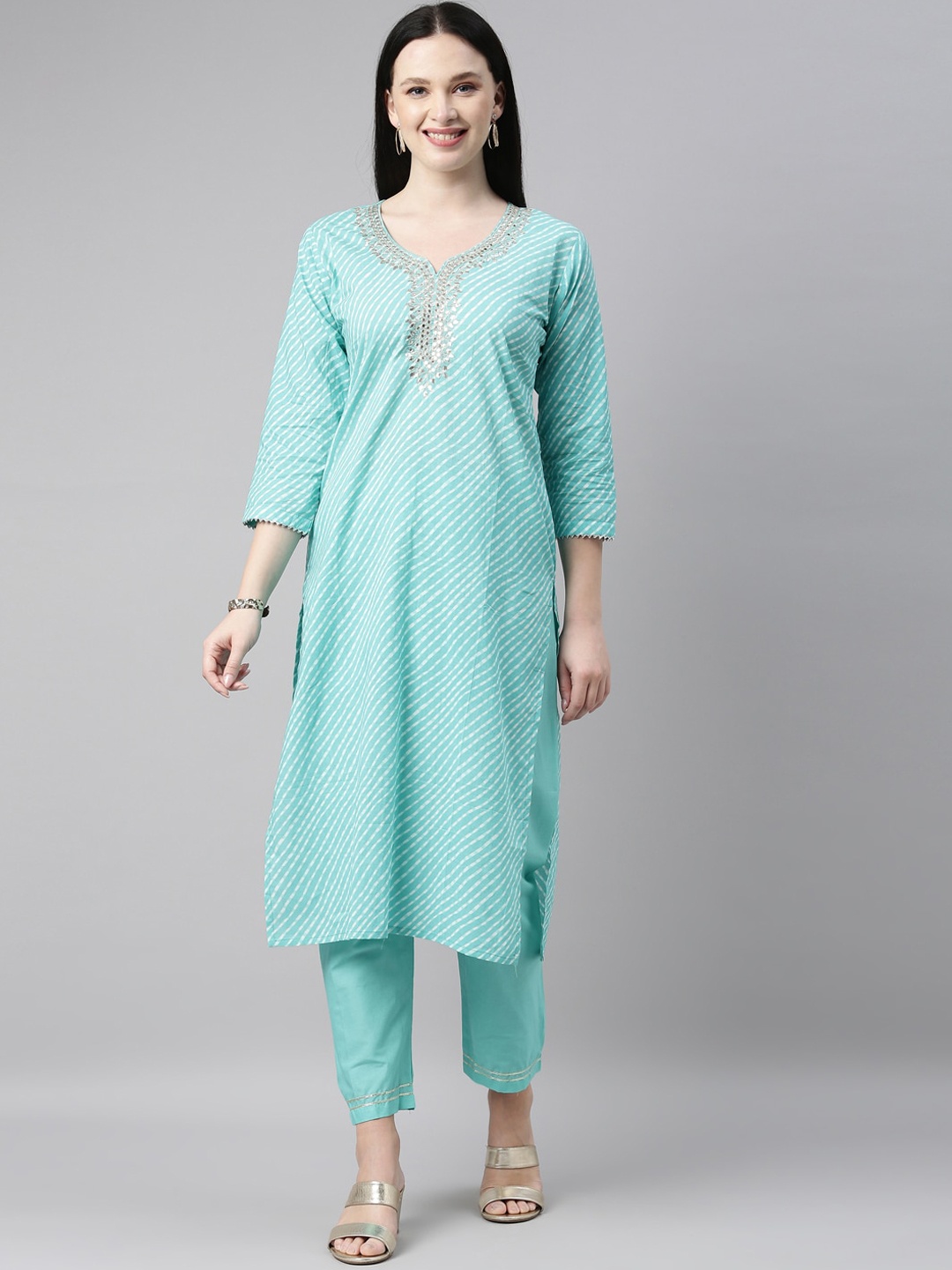 

Neerus Women Sea Green Striped Regular Pure Cotton Kurta With Trousers