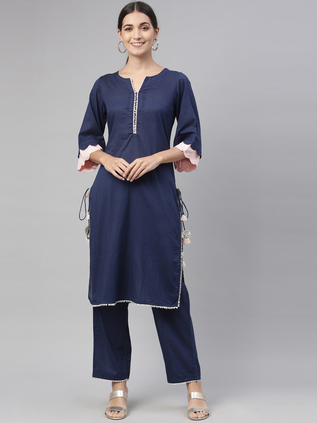 

Neerus Women Navy Blue Regular Gotta Patti Pure Cotton Kurta with Trousers