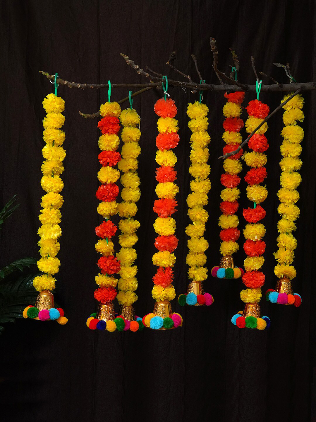 

TIED RIBBONS Set Of 8 Yellow & Orange Marigold Flowers Wall Hanging Garland