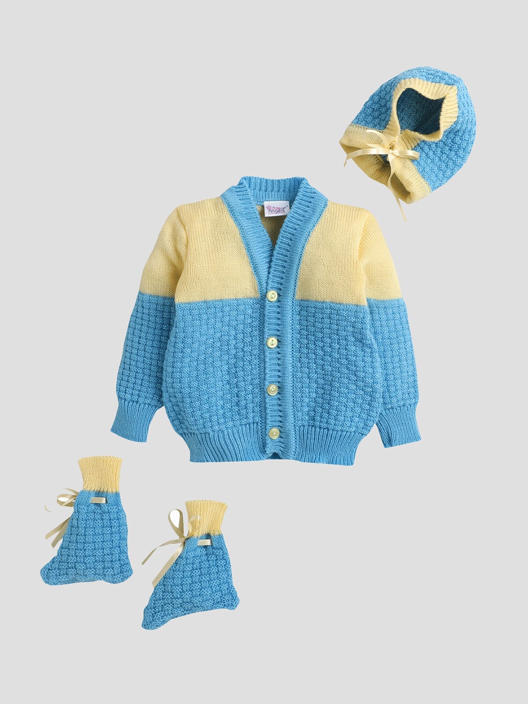 

Little Angels Kids Blue & Yellow Ribbed Front-Open Sweater Set