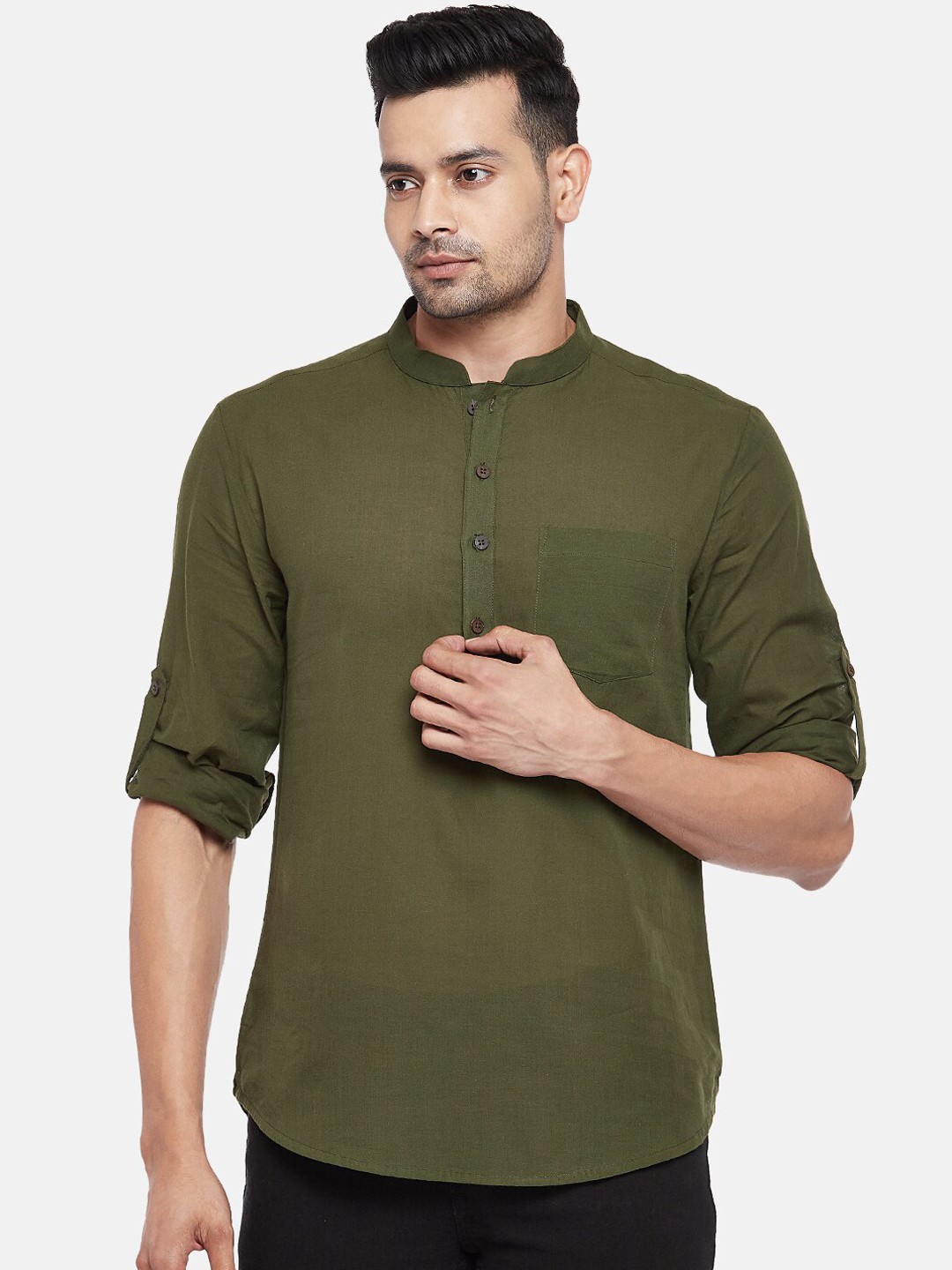 

indus route by Pantaloons Men Olive Green Thread Work Kurta