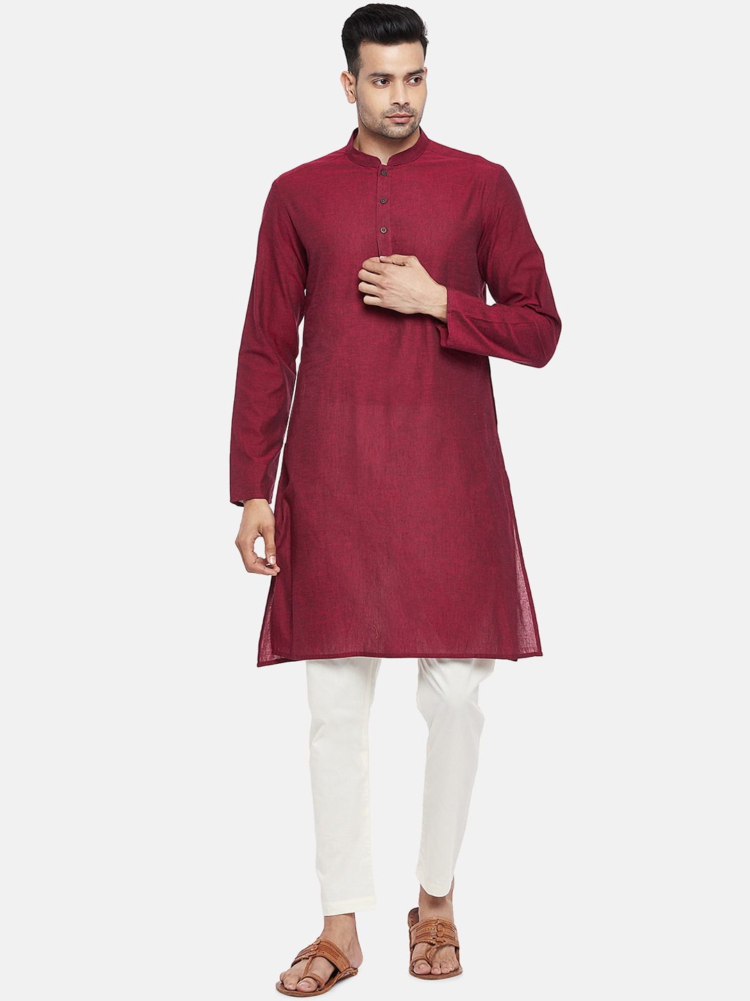 

indus route by Pantaloons Men Maroon Pure Cotton Kurta