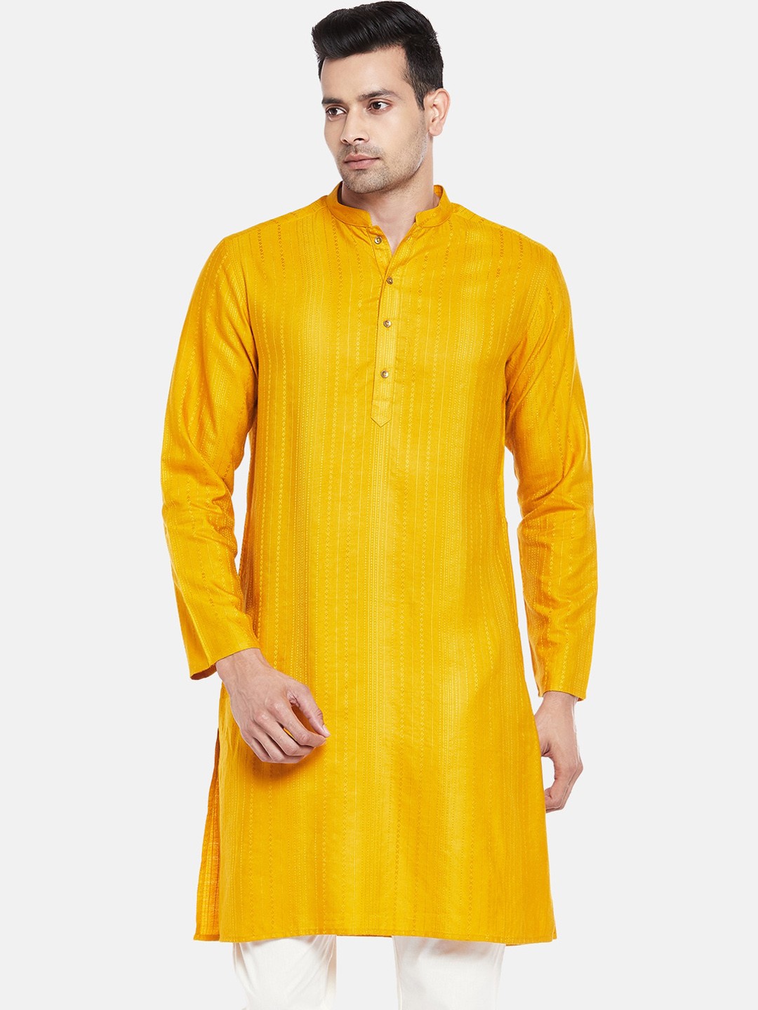 

indus route by Pantaloons Men Mustard Yellow Striped Kurta
