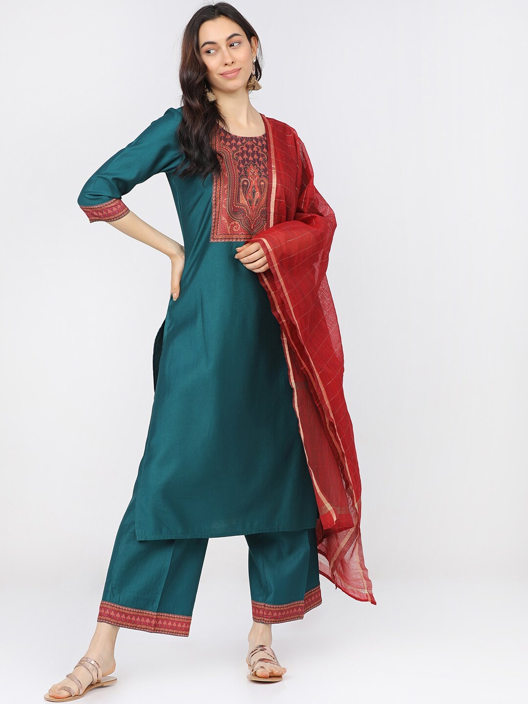 Vishudh Women Teal Yoke Design Empire Kurta with Palazzos & With Dupatta