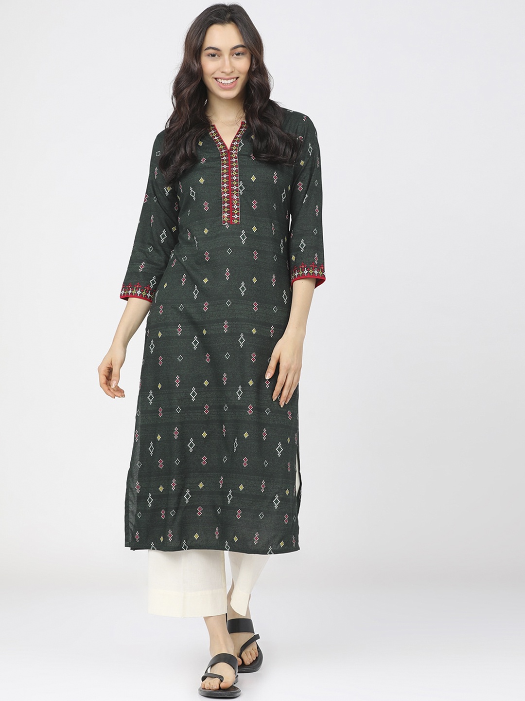 

Vishudh Women Green & Red Ethnic Motifs Printed Kurta