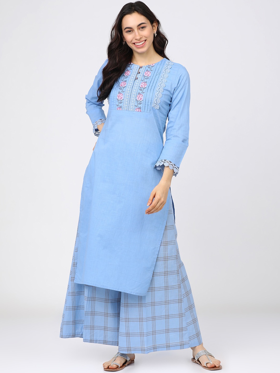 

Vishudh Women Blue Embroidered Empire Pure Cotton Kurta with Palazzos
