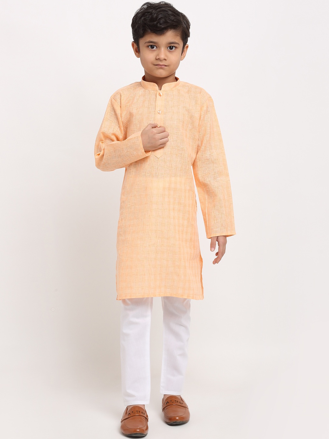 

KRAFT INDIA Boys Peach-Coloured Checked Straight Cotton Kurta