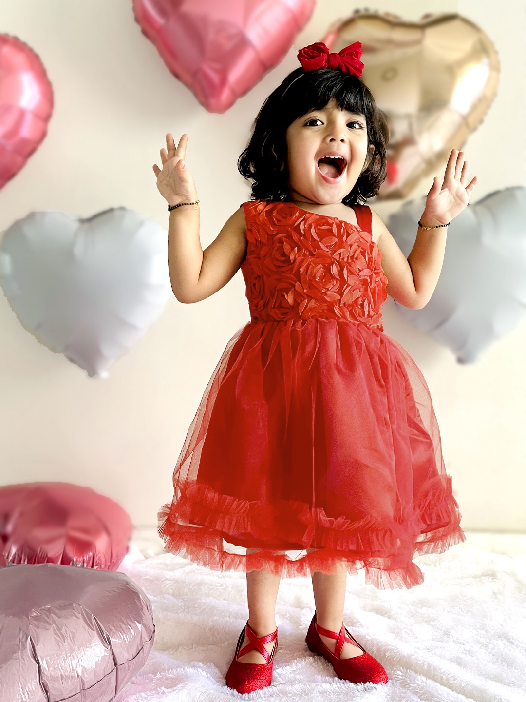 

YK Girls Red Floral Applique One Shoulder Fit & Flare Dress