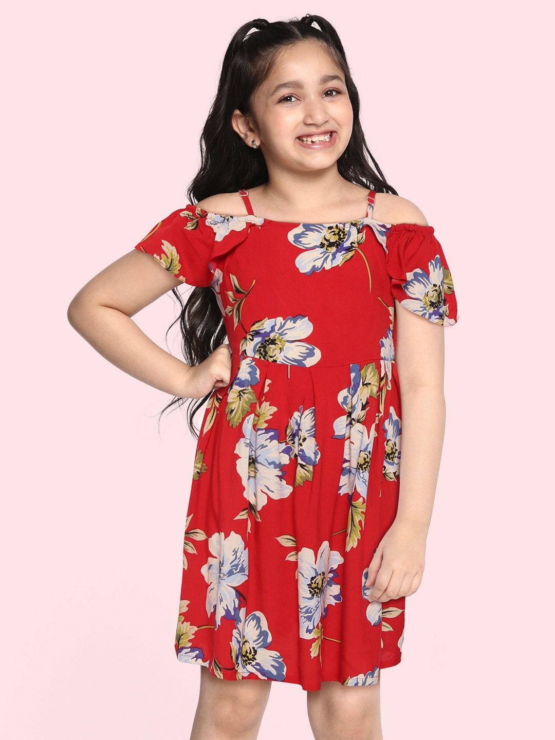 

YK Girls Red & Beige Floral Print A-Line Dress