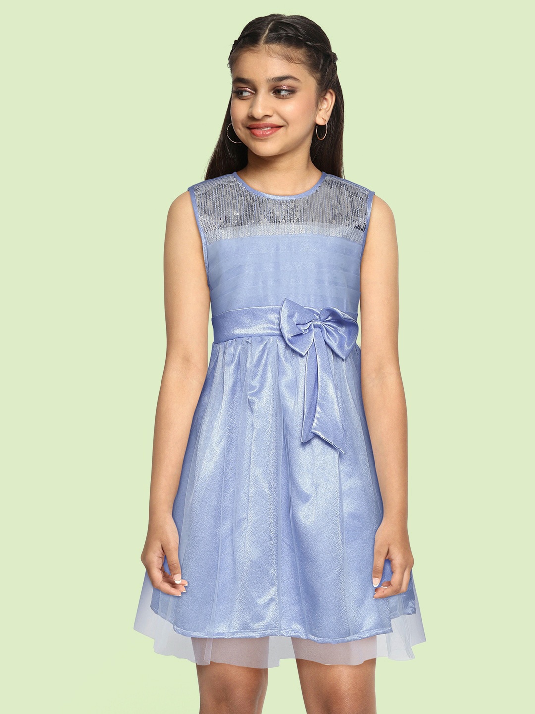 

YK Girls Blue & Silver Sequined Fit & Flare Party Dress with Bow Detail