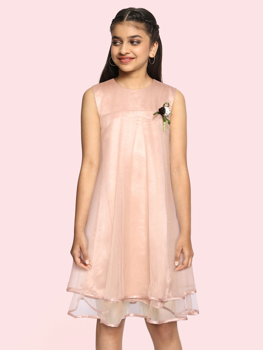 

YK Girls Pink Floral Applique Net A-Line Dress