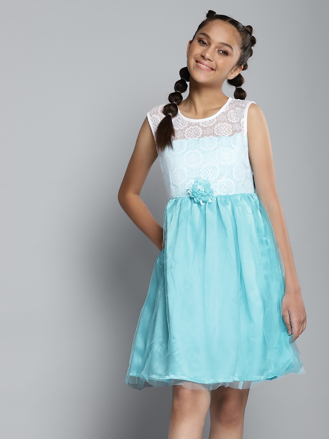

YK Girls White & Blue Floral Lace Fit & Flare Dress